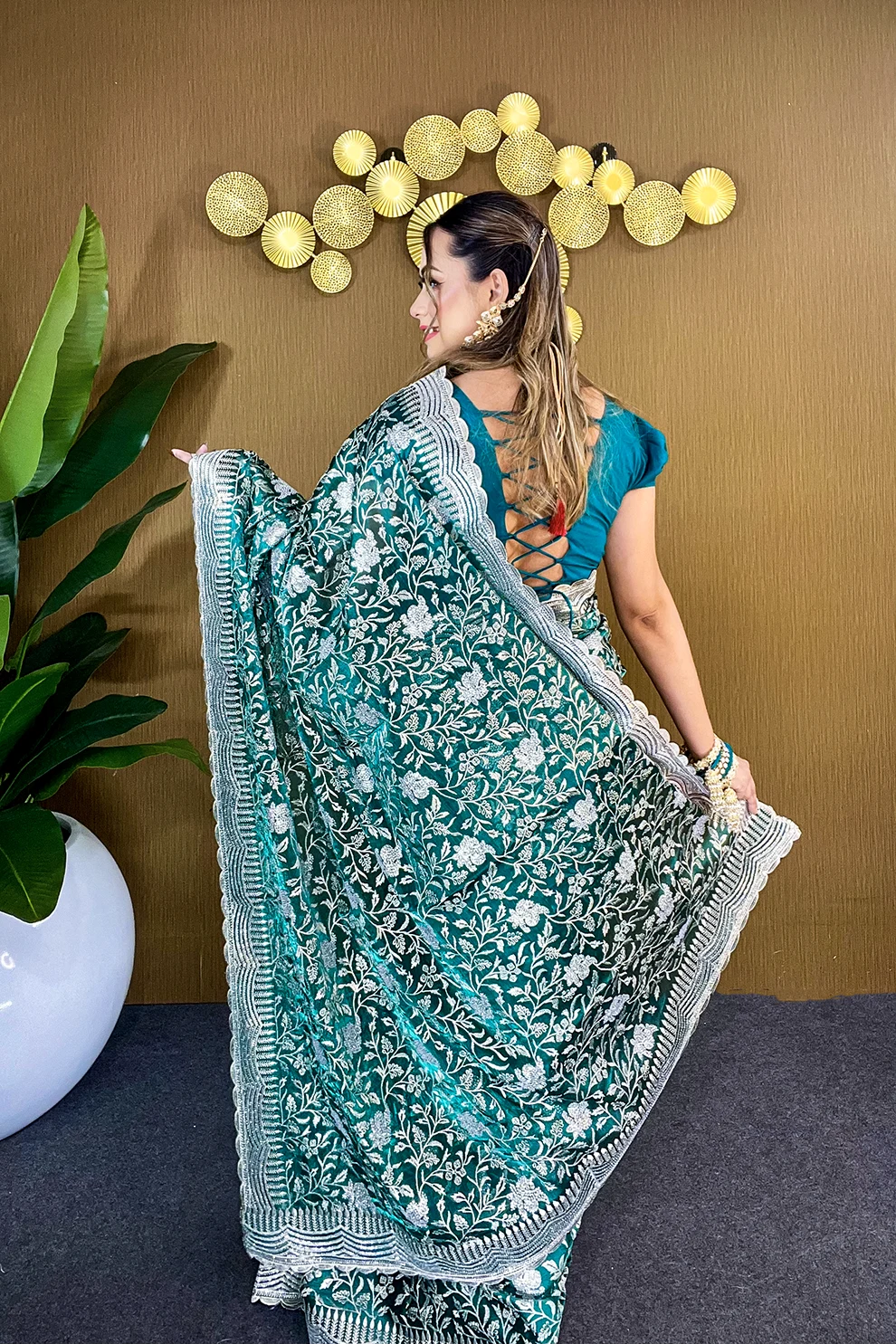 Forest Green Silver Grace – Premium High Grade Stone Saree ✨
